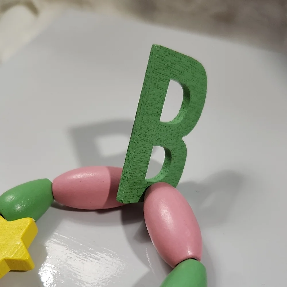 Handmade Pink Heart Yellow Stars Childrens Letter B Wood Bracelet